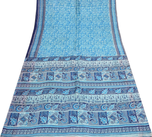 Sushila Vintage Aqua Blue Saree 100% Pure Silk Printed Indian Soft Craft Fabric