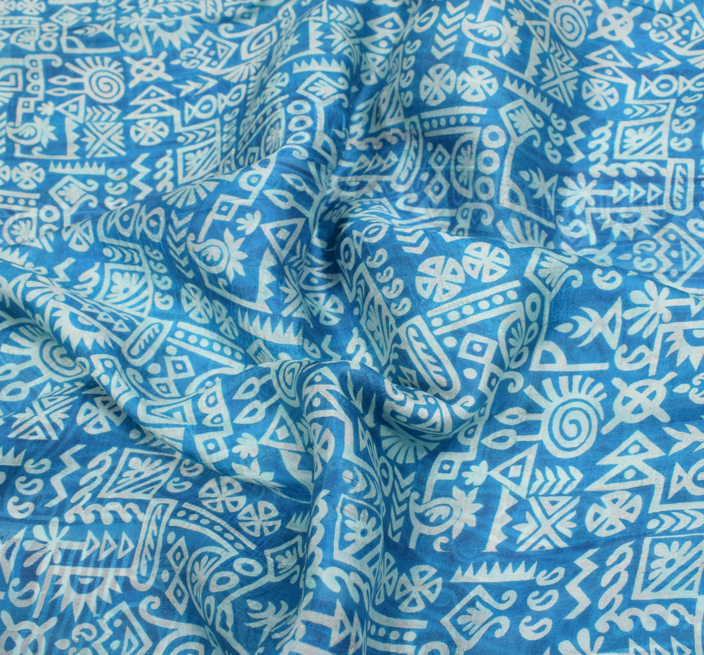 Sushila Vintage Aqua Blue Saree 100% Pure Silk Printed Indian Soft Craft Fabric