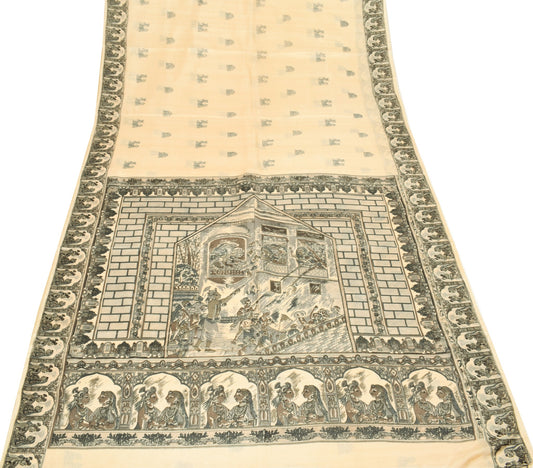 Sushila Vintage Cream Saree 100%Pure Silk Human Motifs Printed Soft Craft Fabric