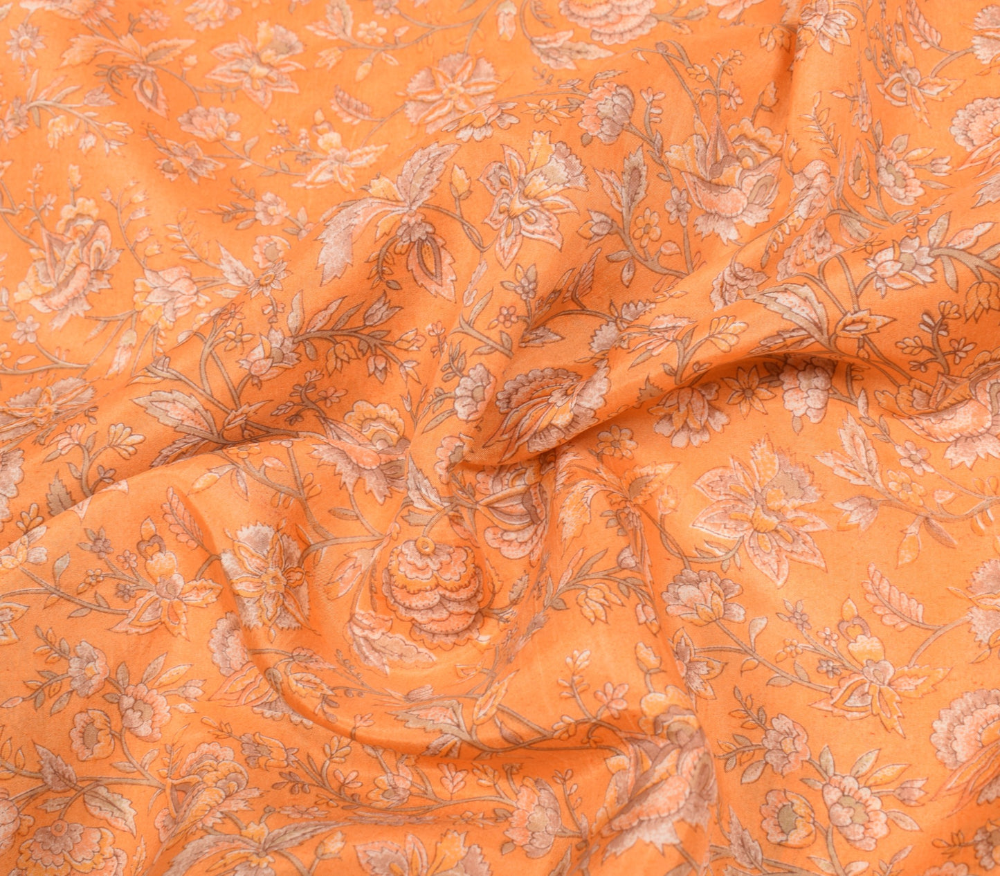 Sushila Vintage 100% Pure Silk Saree Orange Printed Floral 6YD Soft Craft Fabric