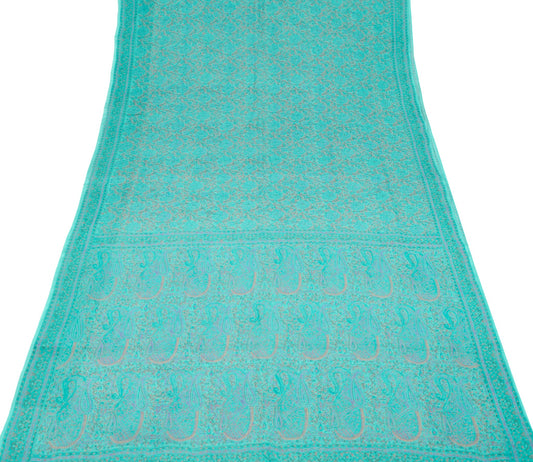 Sushila Vintage Aqua Green Saree Pure Chiffon Silk Hand Print Floral Soft Fabric