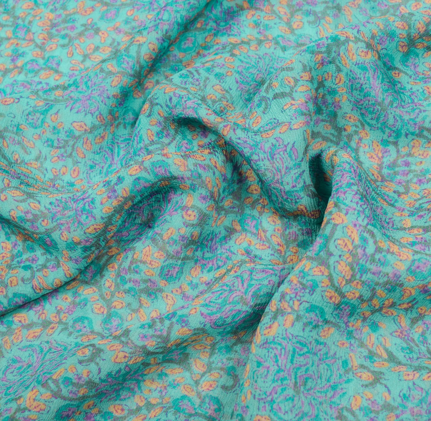 Sushila Vintage Aqua Green Saree Pure Chiffon Silk Hand Print Floral Soft Fabric