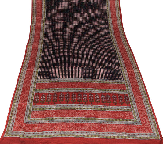 Sushila Vintage Black Red Saree Pure Silk Hand Block Floral Soft Craft Fabric
