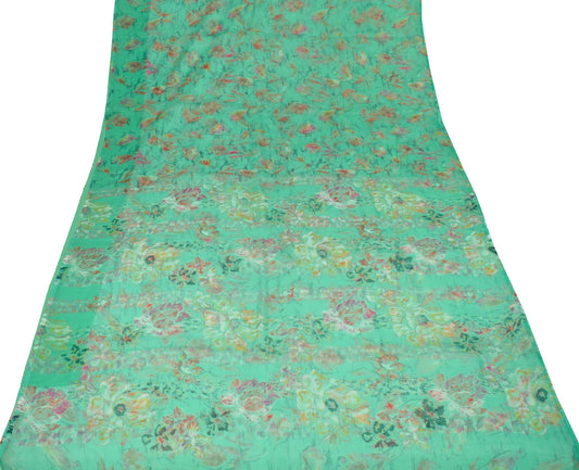 Sushila Vintage Aqua Green Saree Pure Chiffon Silk Printed Floral Soft Fabric