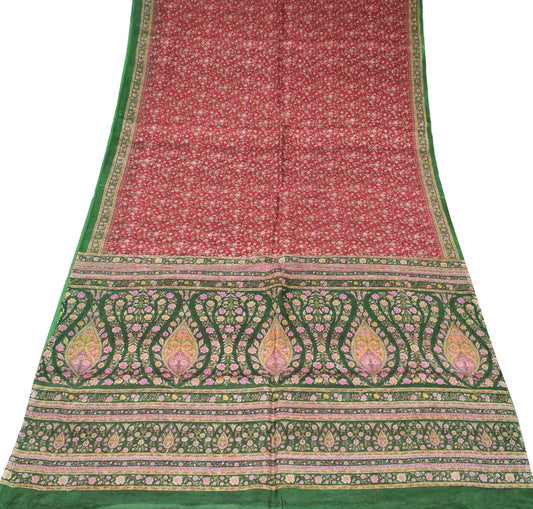Sushila Vintage Maroon Saree Green Pallu Border Pure Silk Print Floral 6YD Sari