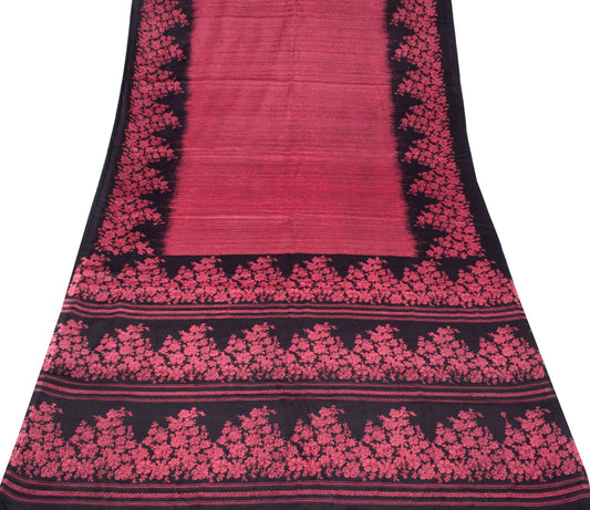 Sushila Vintage Pink Black Saree Pure Silk Printed Floral Sari Soft Craft Fabric