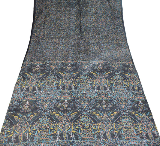 Sushila Vintage Black Saree 100% Pure Silk Printed Abstract Soft Craft Fabric