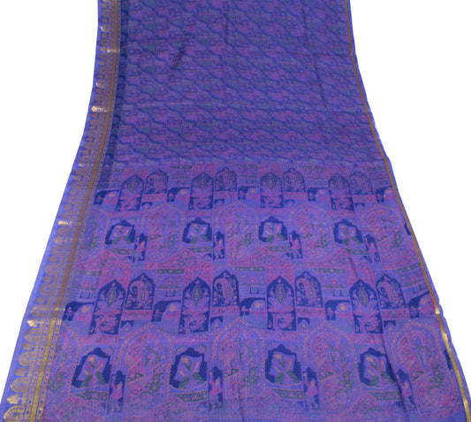 Sushila Vintage Purple Saree 100% Pure Silk Printed Zari Woven Soft Craft Fabric