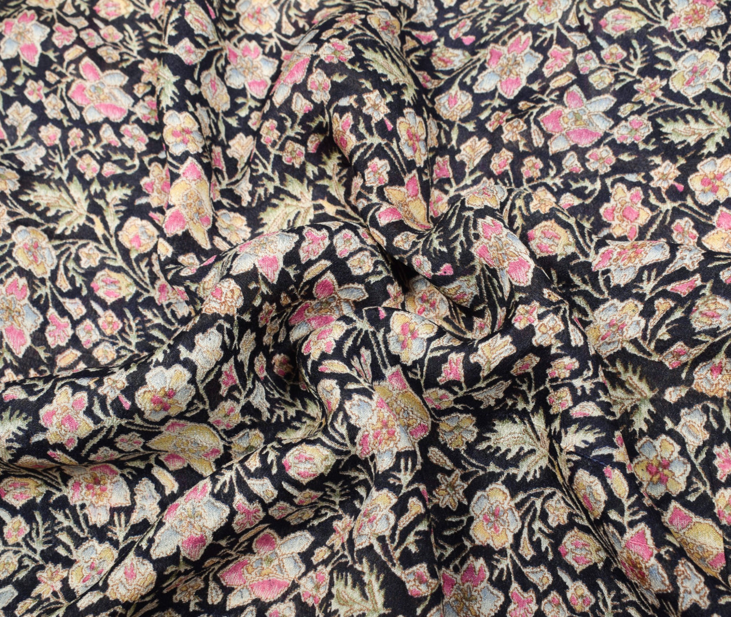 Sushila Vintage Dark Blue Saree 100% Pure Silk Printed Floral Soft Craft Fabric