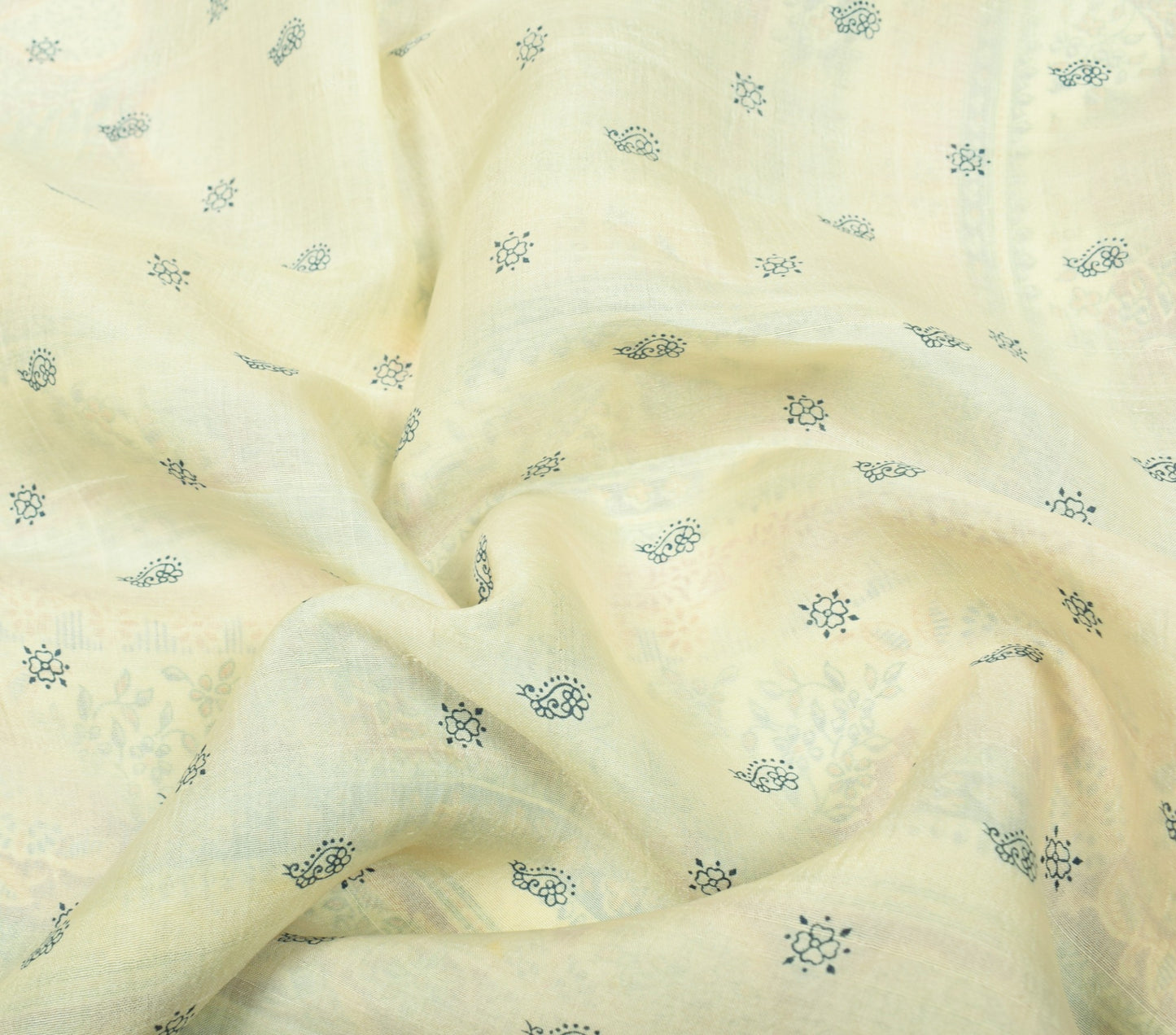 Sushila Vintage Cream Saree Pure Silk Printed Hand Block Floral 5YD Craft Fabric