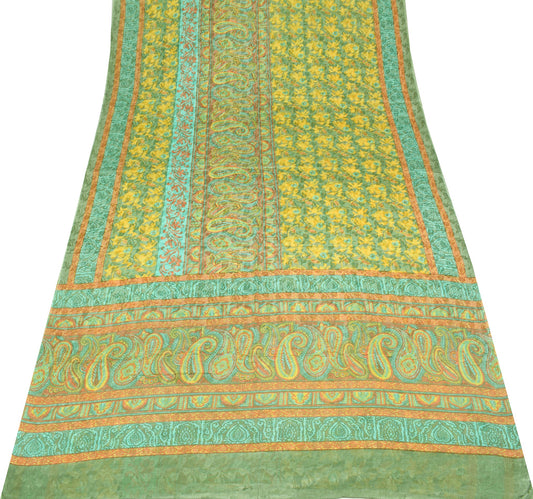 Sushila Vintage Yellow Green Saree Pure Chiffon Silk Printed Soft Craft Fabric