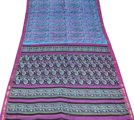 Sushila Vintage Turquoise Blue Saree Pure Silk Printed Paisley Soft Craft Fabric