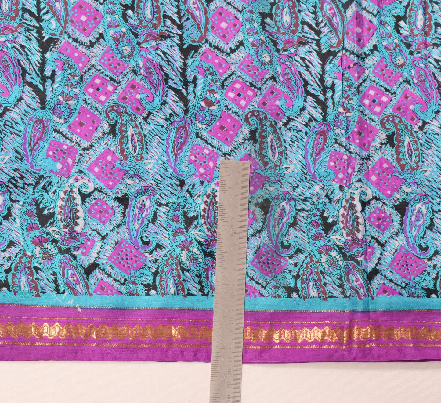 Sushila Vintage Turquoise Blue Saree Pure Silk Printed Paisley Soft Craft Fabric