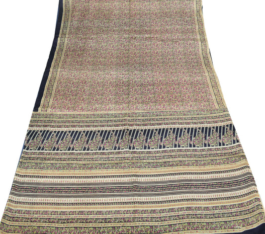 Sushila Vintage Floral Blue Saree 100% Pure Silk Printed 6Yard Soft Craft Fabric