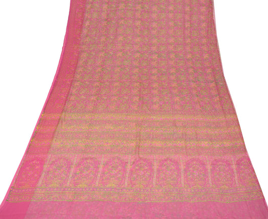 Sushila Vintage Floral Pink Saree Pure Chiffon Silk Printed Soft Craft Fabric