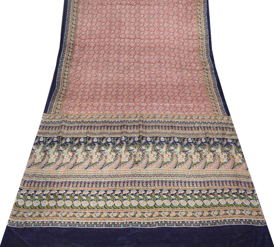 Sushila Vintage Magenta Blue Floral Saree Pure Silk Printed Soft Craft Fabric