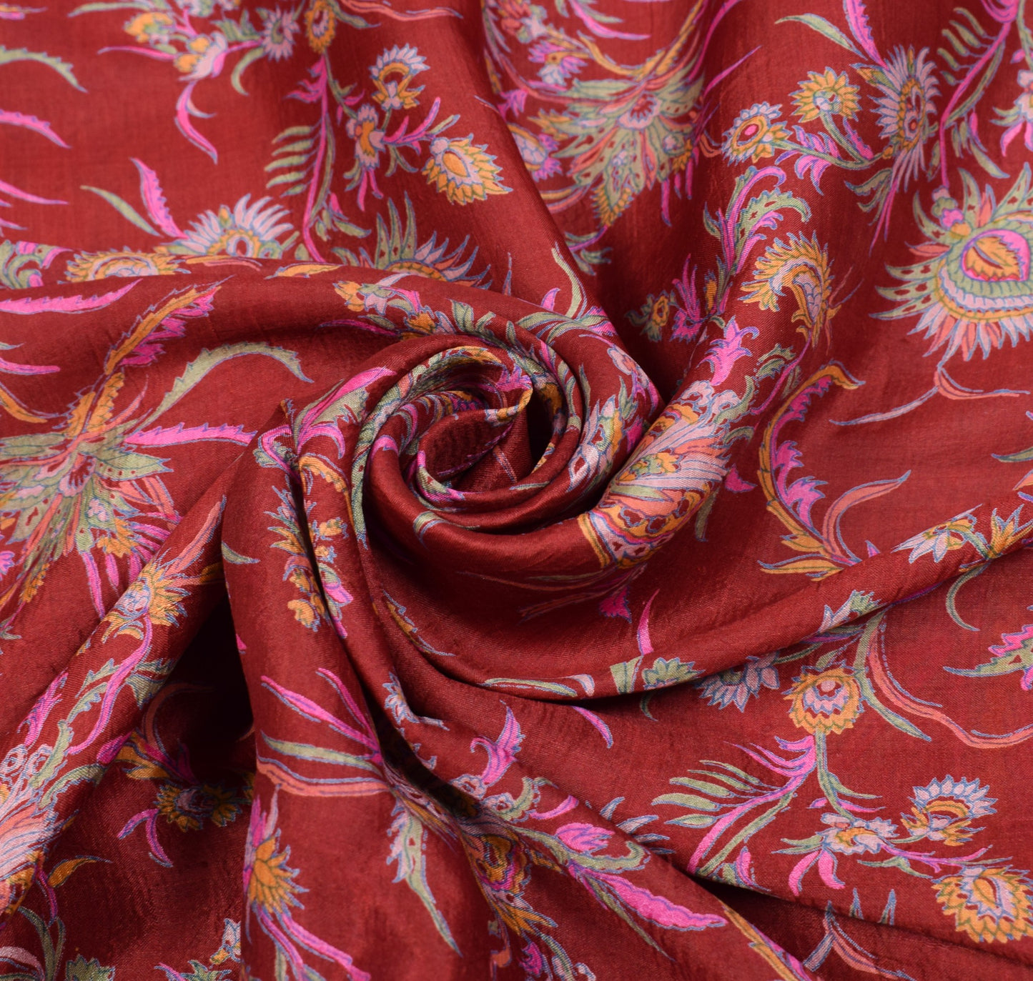 Sushila Vintage Maroon Saree 100%Pure Silk Printed Soft Sari Craft Floral Fabric