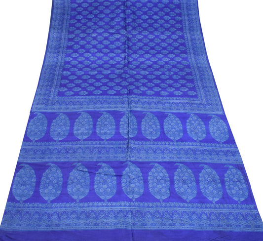 Sushila Vintage Floral Blue Saree 100% Pure Silk Printed 5YD Soft Craft Fabric