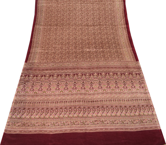 Sushila Vintage Maroon Saree Floral Pure Silk Printed Soft 6Yd Sari Craft Fabric