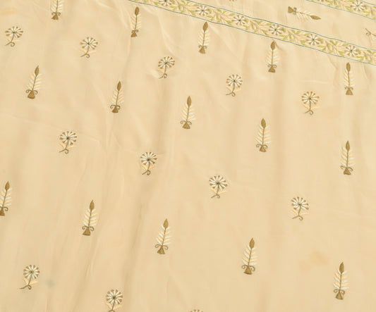 Sushila Vintage Beige Floral Sari Remnant Scrap Multi Purpose Crepe Craft Fabric