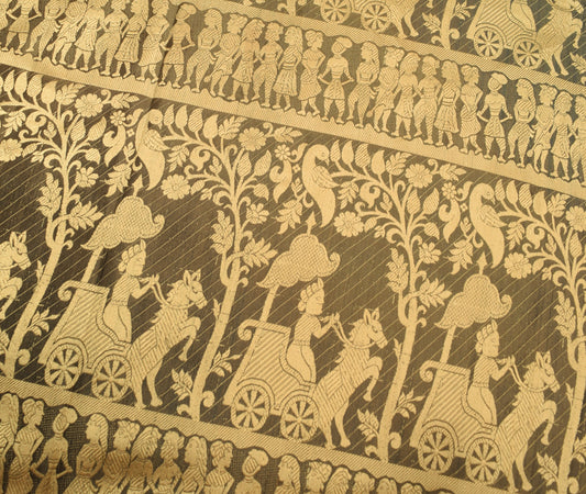 Sushila Vintage Green Sari Remnant Scrap Baluchari Woven Silk Human Craft Fabric