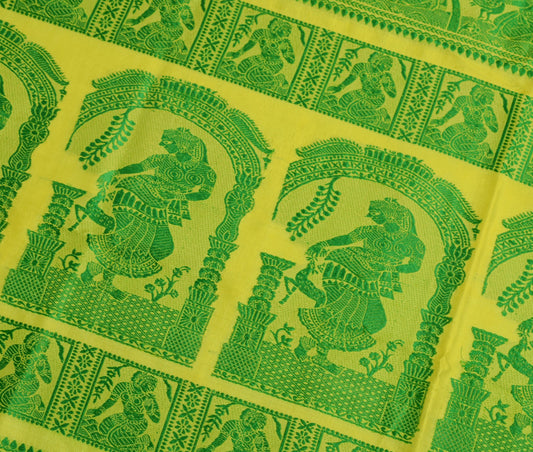 Sushila Vintage Baluchari Woven Sari Remnant Scrap Pure Silk Green Craft Fabric