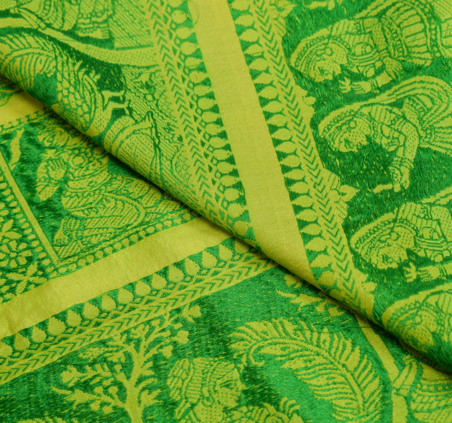 Sushila Vintage Baluchari Woven Sari Remnant Scrap Pure Silk Green Craft Fabric