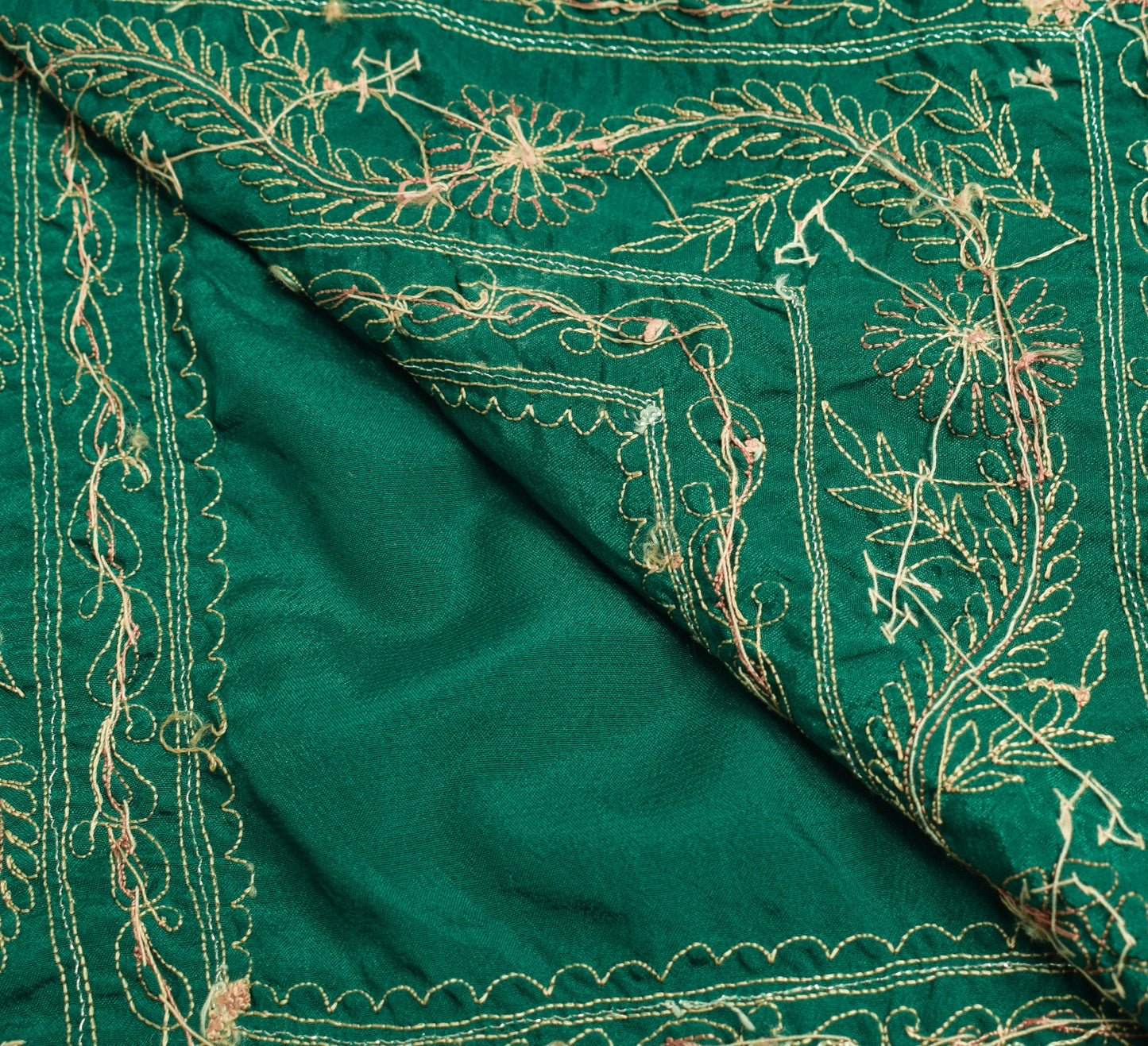 Sushila Vintage Green Sari Remnant Scrap Hand Embroidered Art Silk Craft Fabric