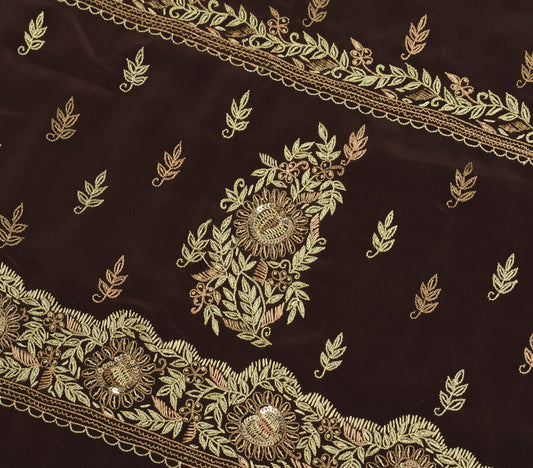 Sushila Vintage Dark Brown Sari Remnant Scrap Art Silk Hand Work Craft Fabric