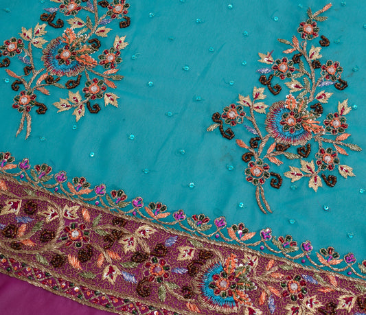 Sushila Vintage Hand Beaded Sari Remnant Scrap Teal Blue Georgette Craft Fabric