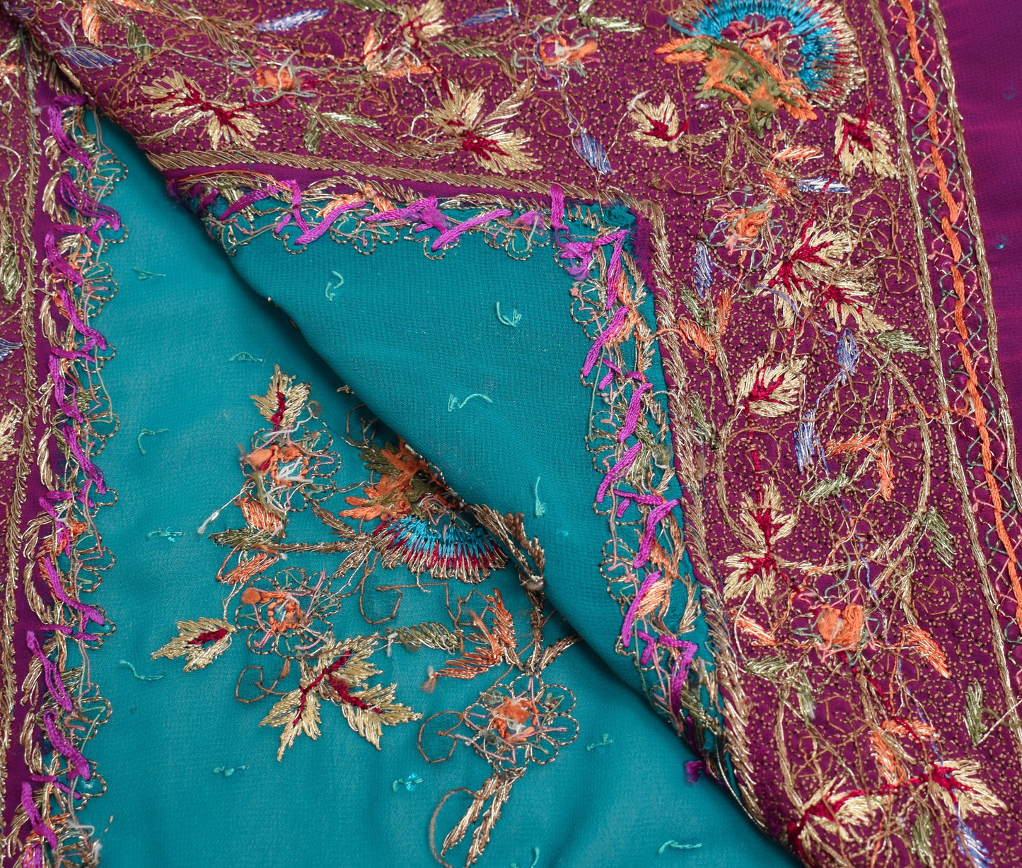 Sushila Vintage Hand Beaded Sari Remnant Scrap Teal Blue Georgette Craft Fabric