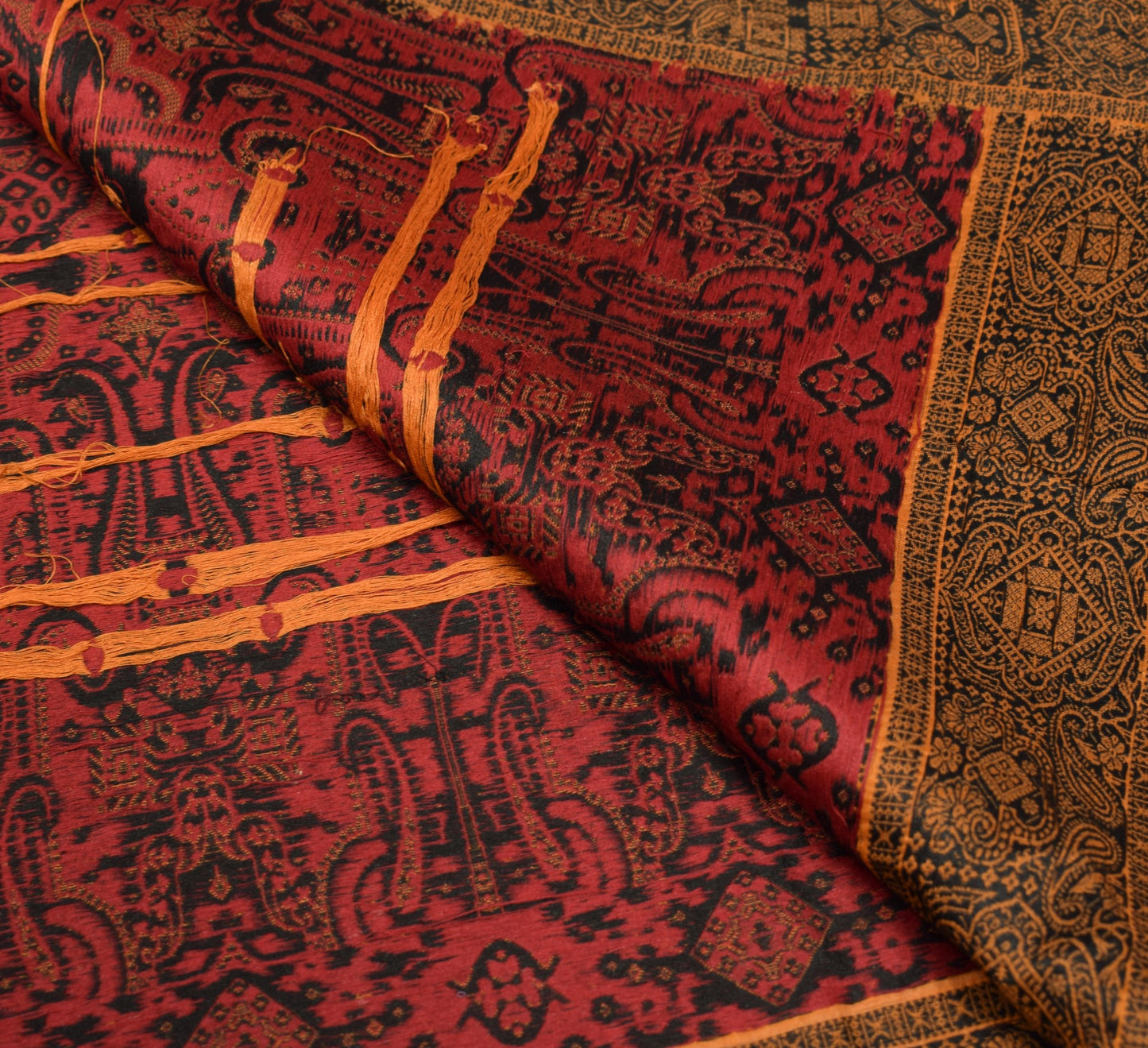 Sushila Vintage Mustard Sari Remnant Scrap Paisley Woven Pure Silk Craft Fabric