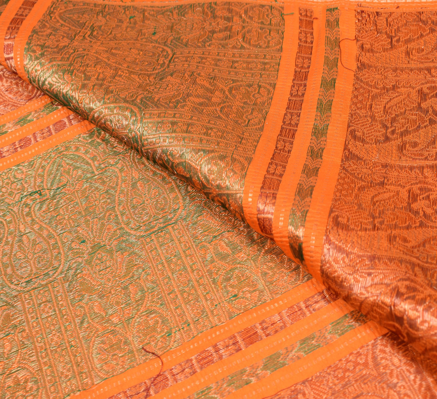 Sushila Vintage Orange Sari Remnant Scrap Woven Paisley Pure Silk Craft Fabric