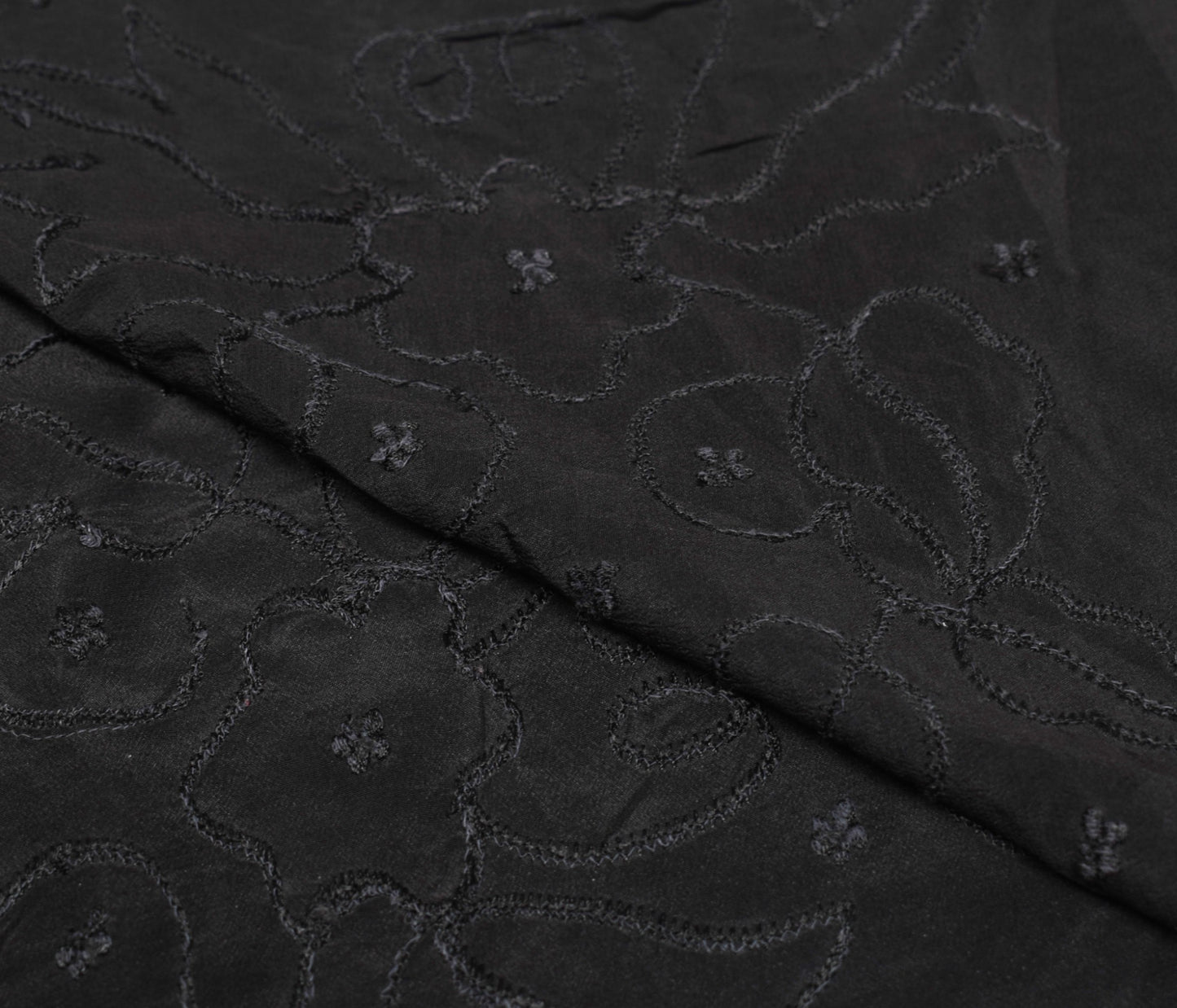 Sushila Vintage Embroidered Sari Remnant Scrap Pure Crepe Black Craft Fabric