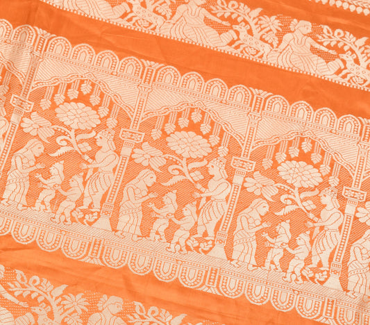 Sushila Vintage Rust Sari Remnant Scrap Pure Silk Baluchari Woven Craft Fabric