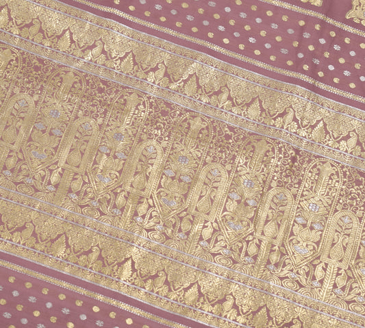 Sushila Vintage Mauve Sari Remnant Scrap Banarasi Brocade Pure Silk Craft Fabric