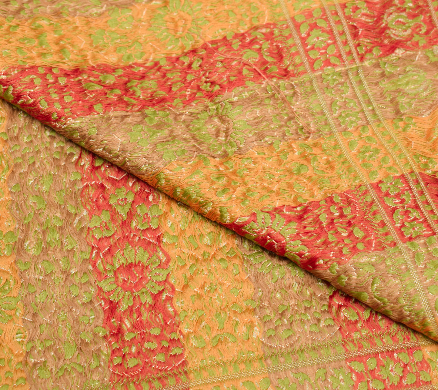 Sushila Vintage Golden Sari Remnant Scrap Pure Silk Floral Woven Craft Fabric