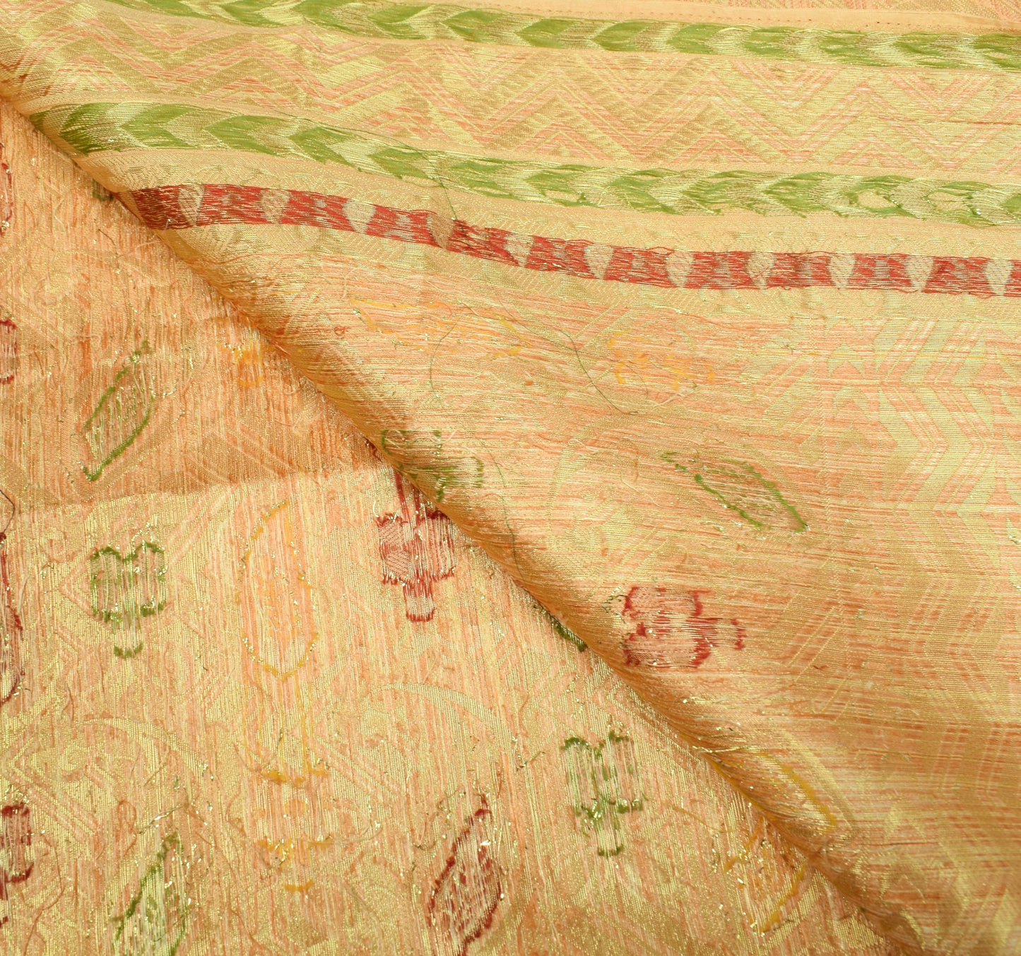 Sushila Vintage Cream Sari Remnant Scrap Art silk Zari Woven Floral Craft Fabric