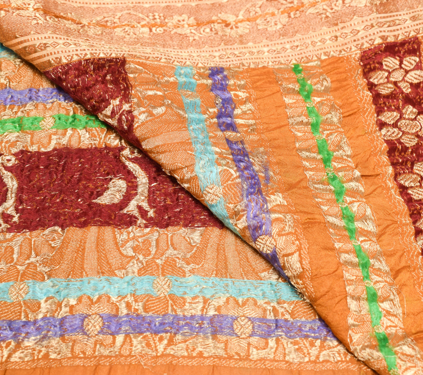 Sushila Vintage Zari Brocade Sari Remnant Scrap Pure Silk Peacock Craft Fabric