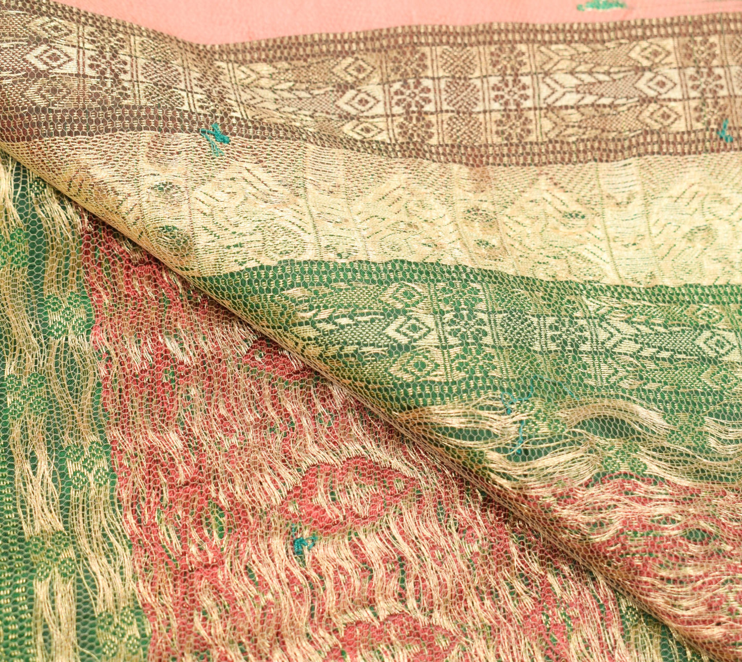 Sushila Vintage Green Sari Remnant Scrap Pure South Silk Woven Soft Craft Fabric