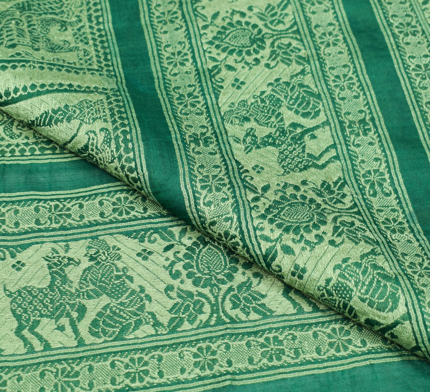 Sushila Vintage Baluchari Woven Sari Remnant Scrap Pure Silk Green Craft Fabric