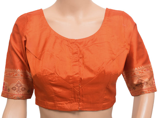 Sushila Vintage Readymade Orange 100% Pure Silk Sari Blouse Woven Choli Size 32