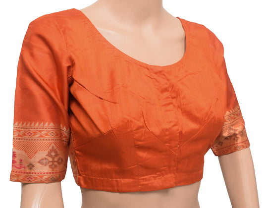 Sushila Vintage Readymade Orange 100% Pure Silk Sari Blouse Woven Choli Size 32