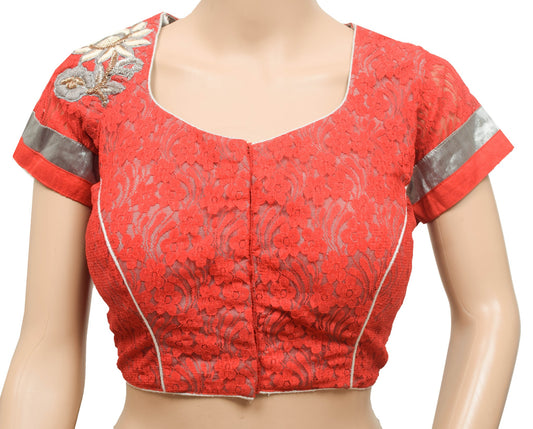 Sushila Vintage Red Stitched Sari Blouse Applique Work Padded Designer Top 40