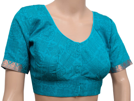 Sushila Vintage Turquoise Stitched Sari Blouse Silk Floral Woven Suze 38 Choli