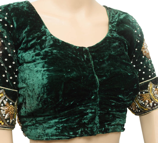 Vintage Readymade Green Velvet Elegance Bridal Blouse Heavy Embroidery Top 34