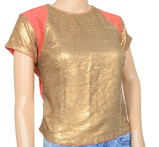 Vintage Peach Golden Stitched Silk Sari Blouse Sequins Work Designer Top Size 38