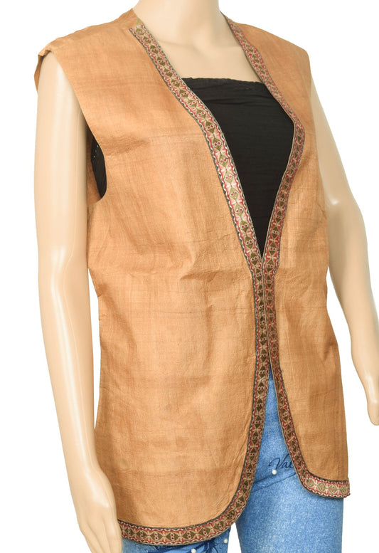 Vintage Readymade Sari Koti Pure Silk Brown Patch Work Font Open jacket Size 42