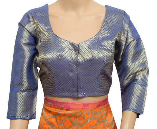 Vintage Readymade Women Sari Blouse Zari Brocade Silk Front Open Blue Choli 38