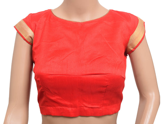 Sushila Vintage Red Dupioni Silk Stitched Sari Blouse Woven Designer Choli 36